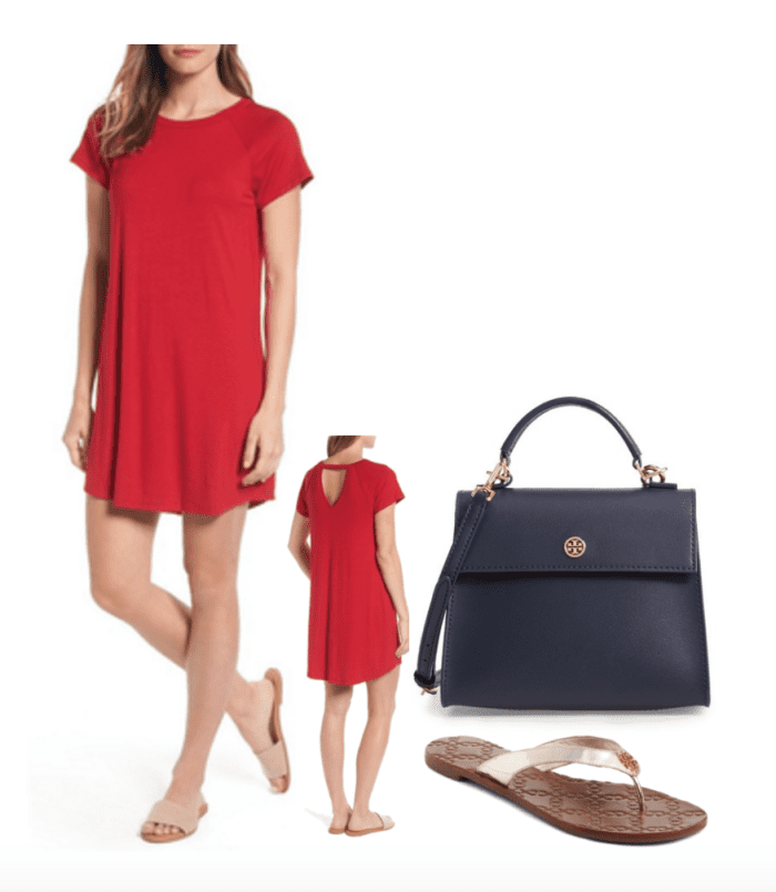A woman in a red dress and navy sandals perfect for a 4th of July summer outfit.
