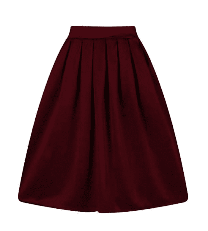 A burgundy pleated skirt, perfect for a holiday outfit, on a white background.