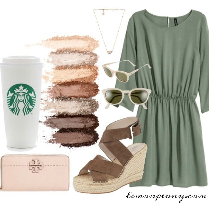 An everyday fashion Starbucks outfit for Spring and Summer, featuring a sage green dress and sunglasses.