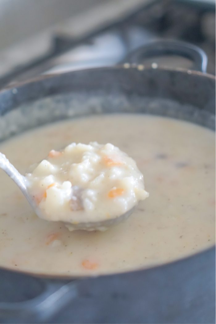 A ladleful of creamy potato leek soup.