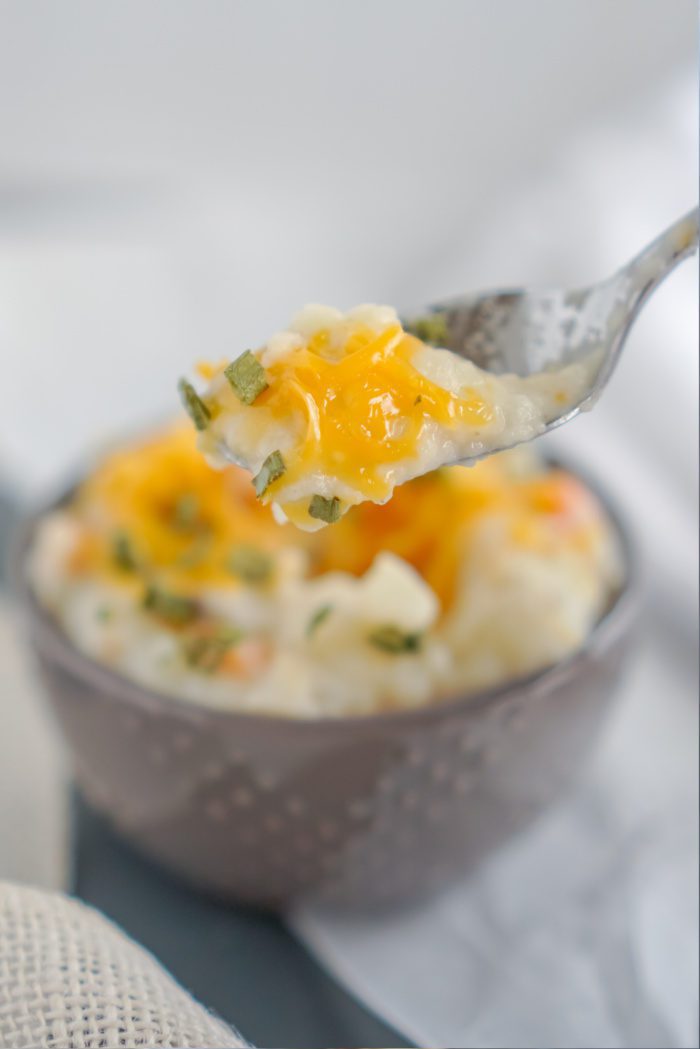 A spoonful of cheesy mashed potatoes.