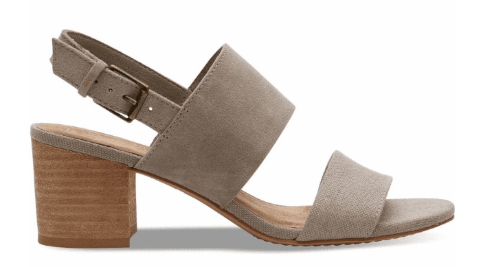 A women's block heel sandal in beige with a wooden heel, perfect for pairing with off-the-shoulder dresses for summer.