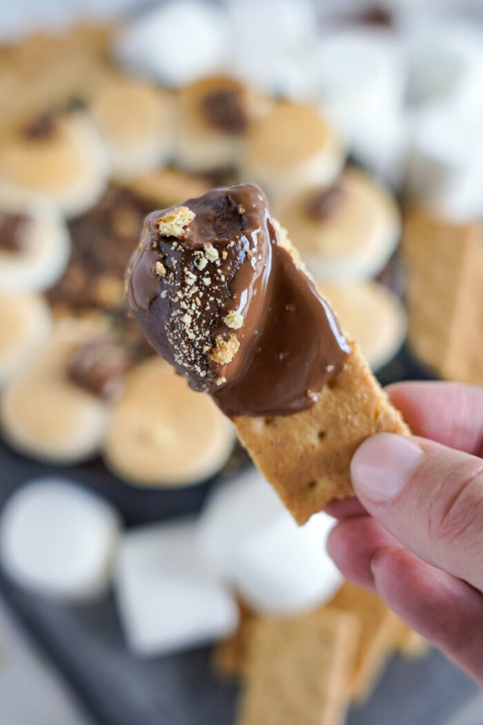 A graham cracker with melted chocolate and marshmallow.