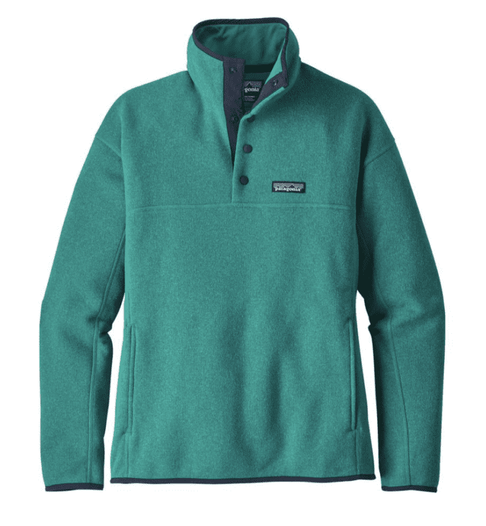 A cozy green fleece jacket with a blue patch.