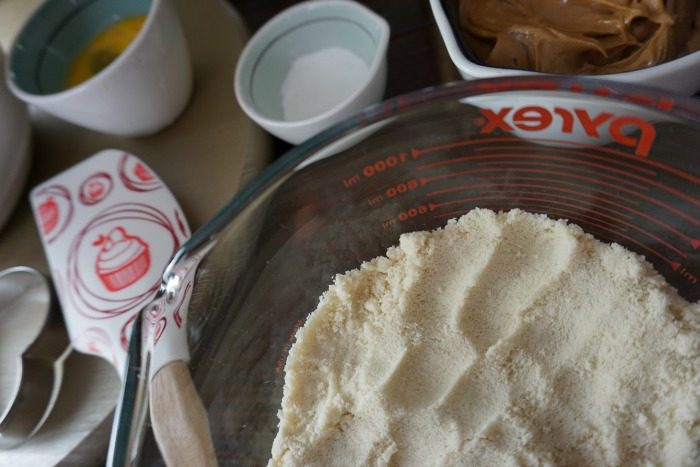 A bowl of almond flour, sugar, and other ingredients on a table for homemade dog treats.