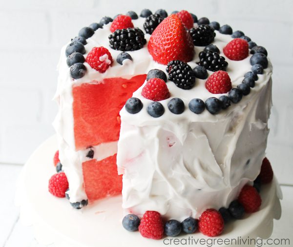 fruit based cake with watermelon and coconut frosting