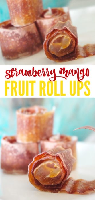 Homemade Strawberry Mango Fruit Roll Ups Made with Honey! An easy back-to-school, after school, or healthy work day snack idea that's kid-friendly and FUN!