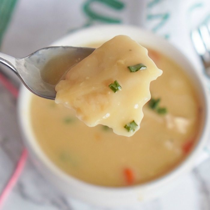 A spoon full of homemade chicken noodle soup.