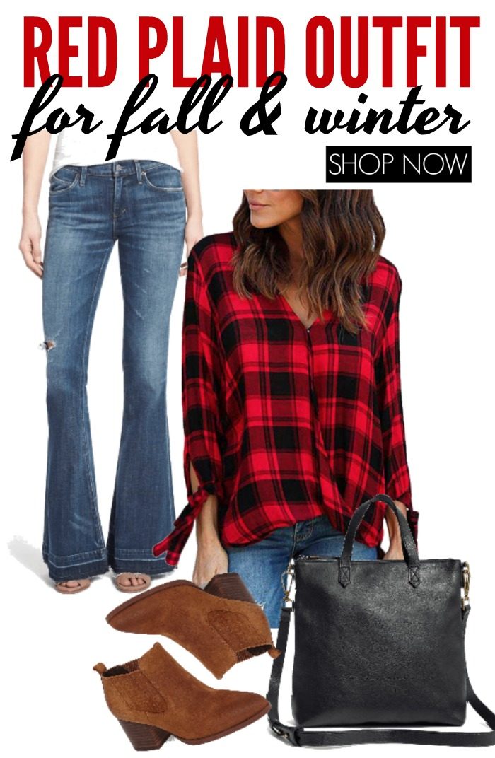 Cozy red plaid outfit perfect for fall and winter.