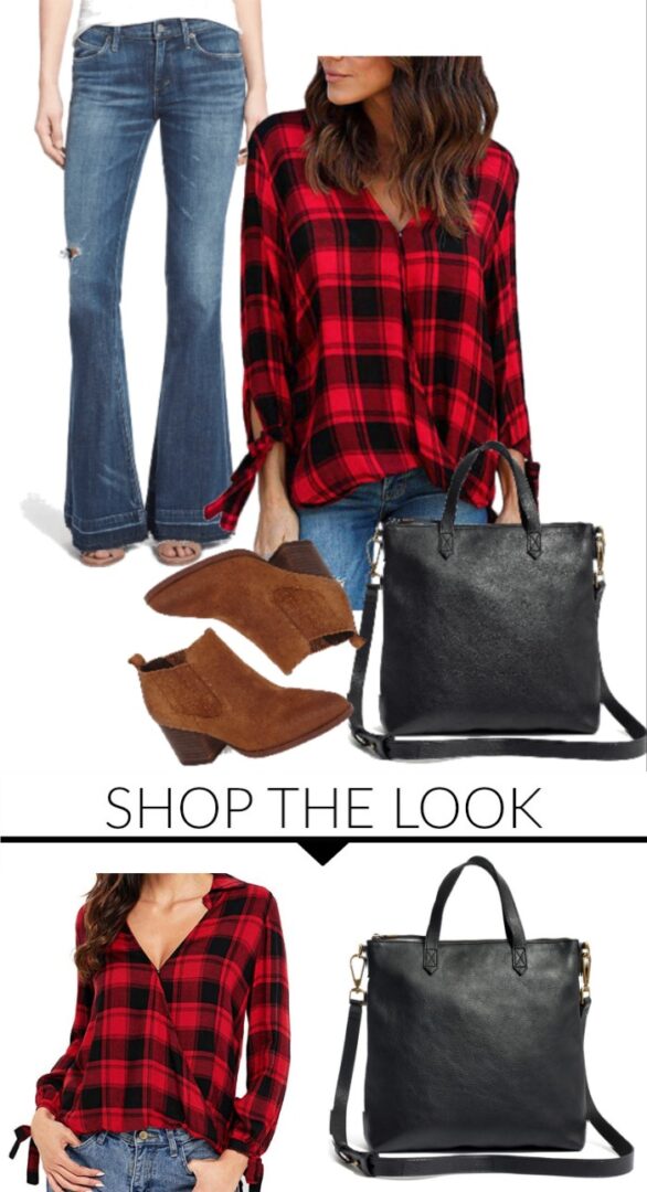 Red Plaid Outfit for Women! Fall and Winter Style and Trends! Plaid, Flare Jeans, Booties, and Crossbody Totes! The cold weather everyday, casual styles and trends for Women!