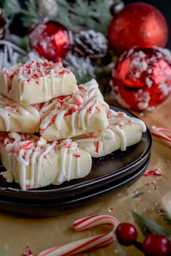 Plate of White Chocolate Candy Cane Fudge