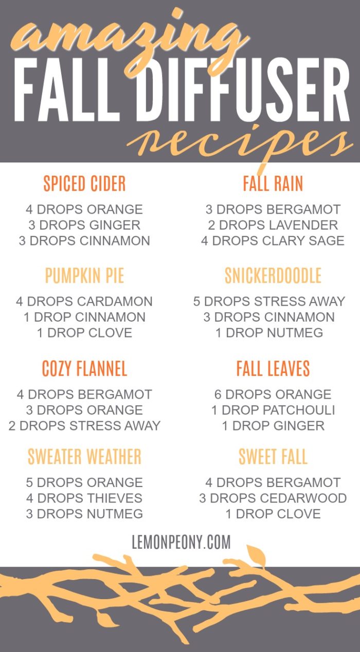 Amazing Fall Diffuser Recipes using Young Living Essential oils! Recipes using Thieves, Cinnamon, Nutmeg, Orange, Clove, and Stress Away for Fall Smells! #lemonpeony #fall #diffuserrecipes #yleo #diffuser #recipes