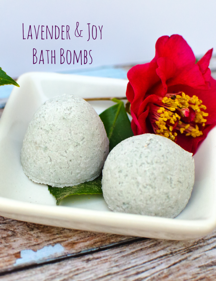 Homemade lavender and joy bath bombs.