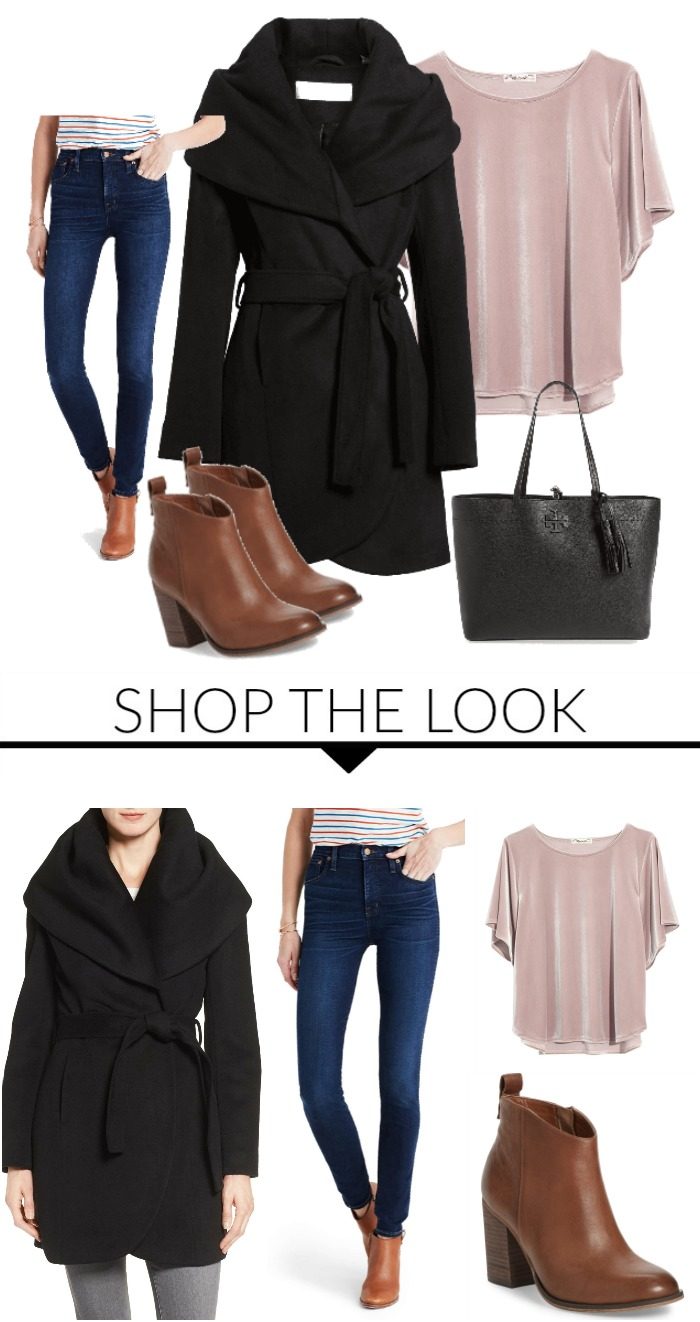 Casual Holiday Look for Women! The perfect look for Christmas Parties or New Years Eve! Love the Wrap Coat and Velvet Top!