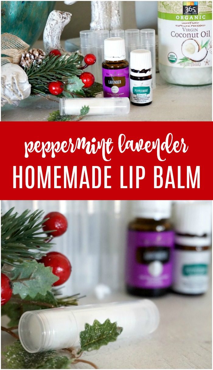 Homemade Peppermint Lavender Lip Balm Recipe! This simple recipe makes quick and easy DIY gift ideas for friends. Only 2 Ingredients + Essential Oils!