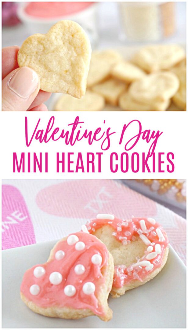 Mini Heart Cookies for Valentine's Day! Easy Valentine's Day Mini Sugar Cookies! Cute and FUN Dessert Recipe for Valentine's Day Parties or Holiday Snacks with Homemade Cream Cheese Frosting!