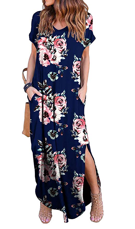 Floral Short Sleeve Split Maxi Dresses