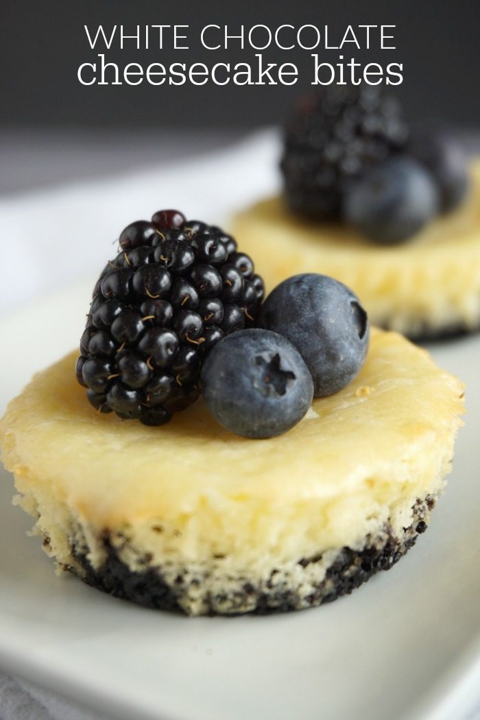 Baked white chocolate cheesecake bites recipe on a white plate.