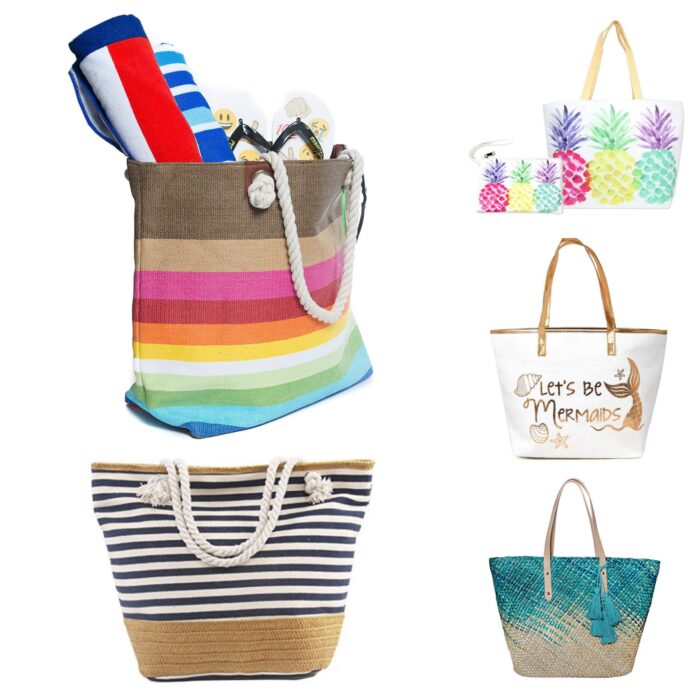 A variety of 10 amazing beach bags and towels are shown.