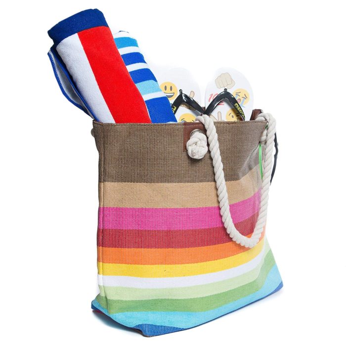 Bright Multi-Color Stripe Straw Beach Tote