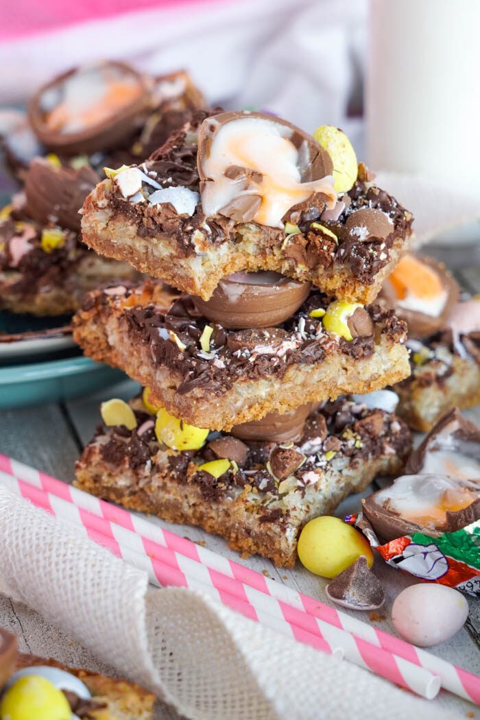 Easy Easter Dessert Recipes stack of Easter Magic Bars