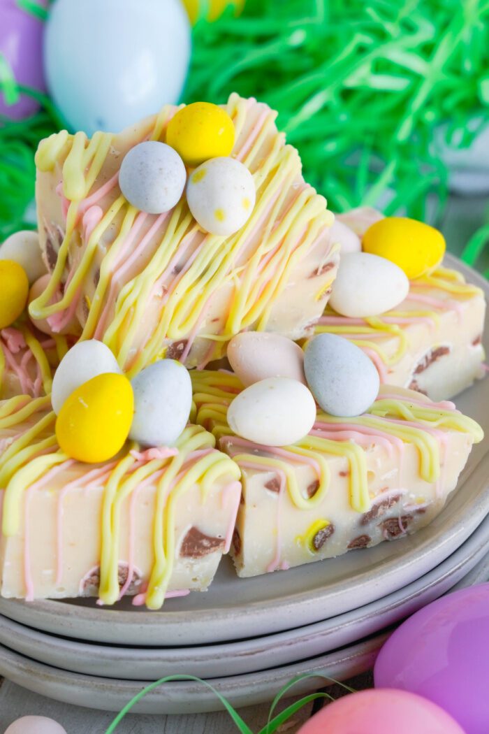 Easy Easter Dessert Recipes plate of Cadbury Mini Egg Fudge