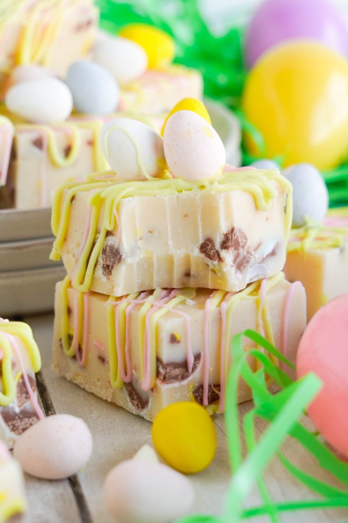 Easy Easter Dessert Recipe stack of White Chocolate Fudge