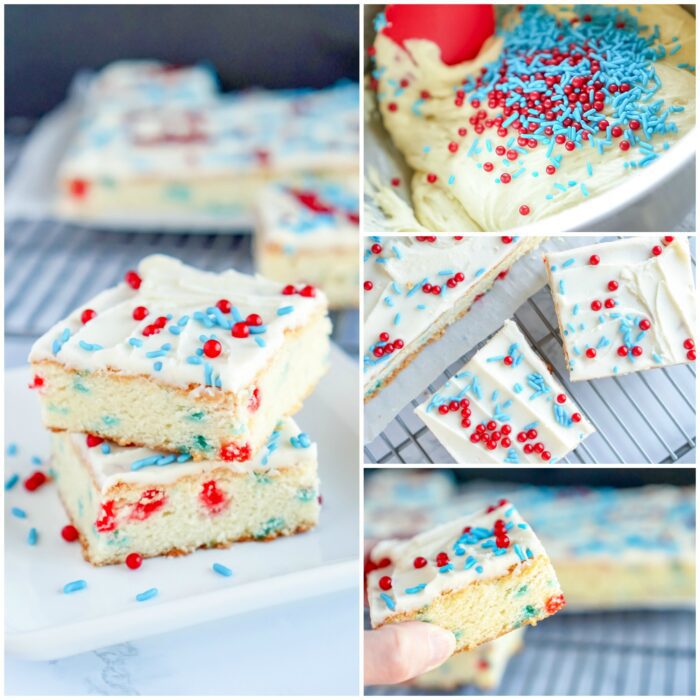 Homemade 4th of July sugar cookie bars with red, white, and blue sprinkles.