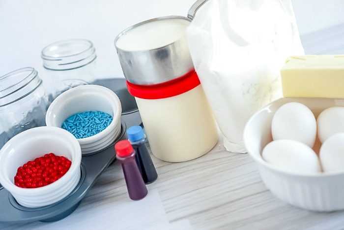 Ingredients for Cupcakes in a jar, Blue, red, Sprinkles