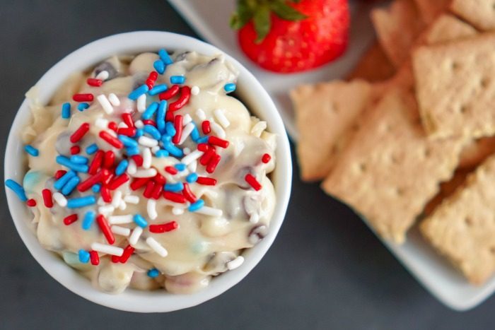 Patriotic Chocolate Chip Cookie Dough Dip with sprinkles and crackers for the 4th of July.