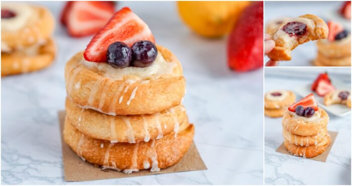 An easy crescent roll cream cheese Danish recipe featuring a stack of pastries with fruit and icing.