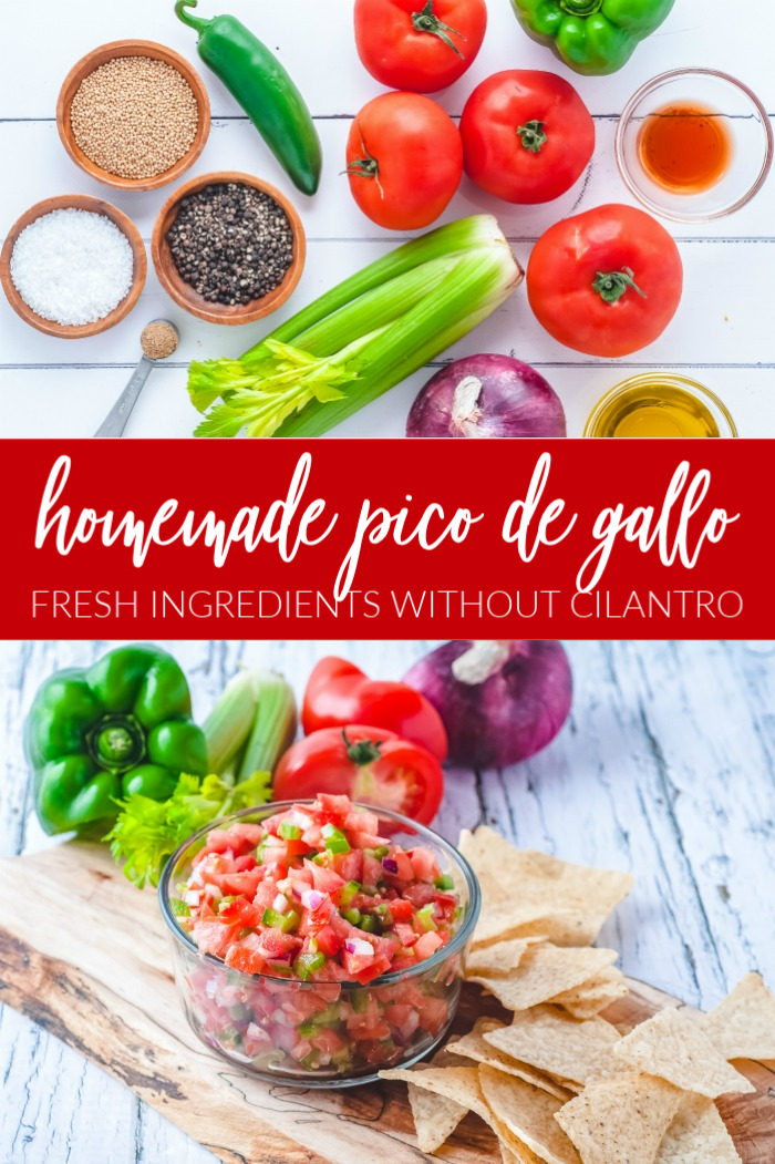 Homemade Easy Pico De Gallo Recipe with fresh ingredients without cilantro.