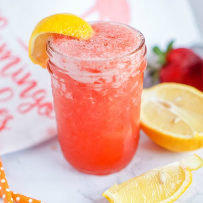 Easy Strawberry Lemonade in a mason jar.