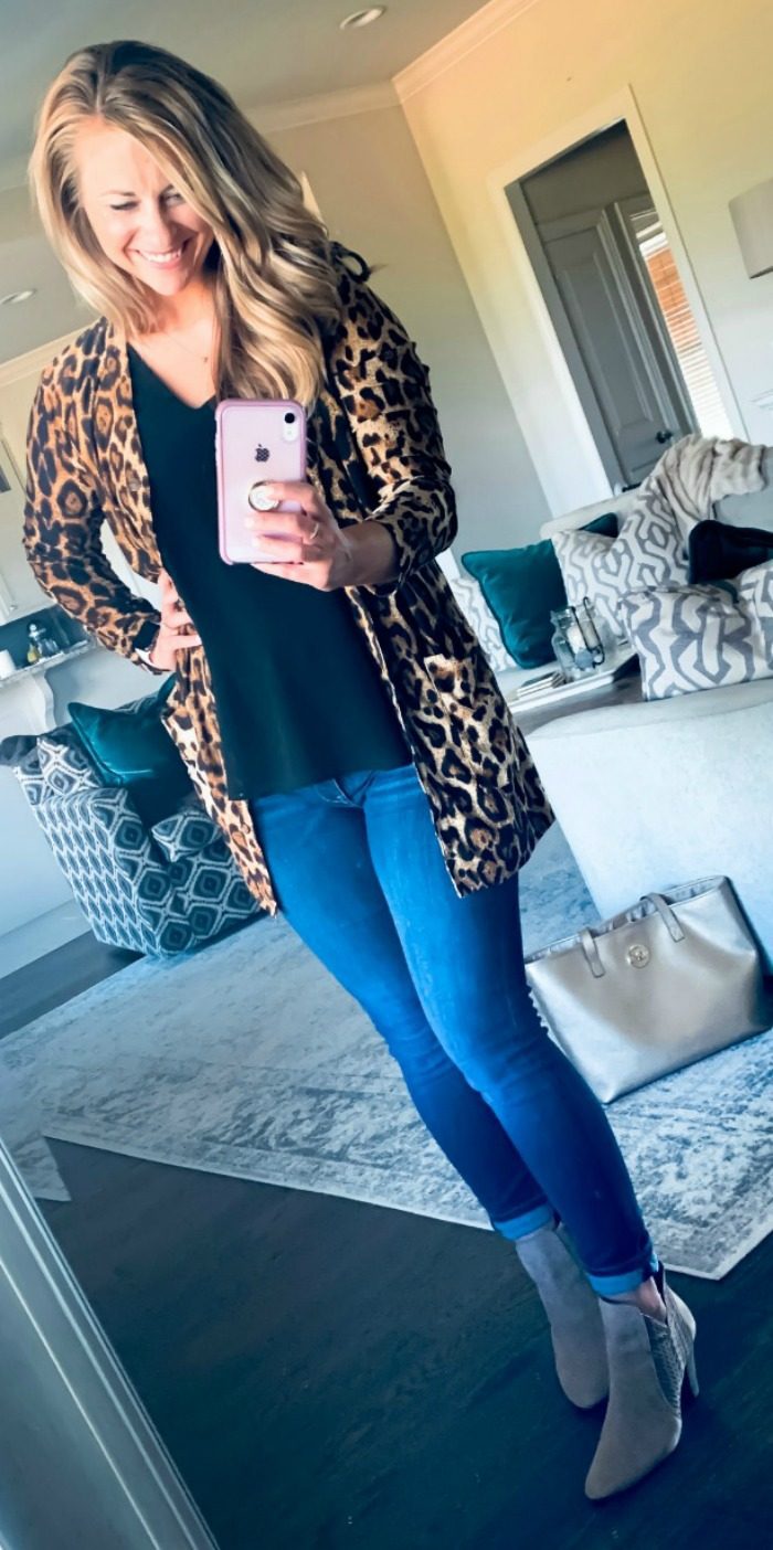 Booties and Leopard Print Cardigan Outfit