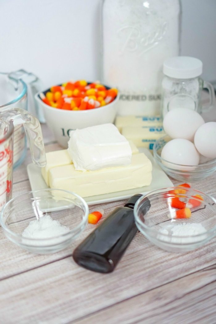 The ingredients for Candy Corn Cookie Bars are laid out on a table.