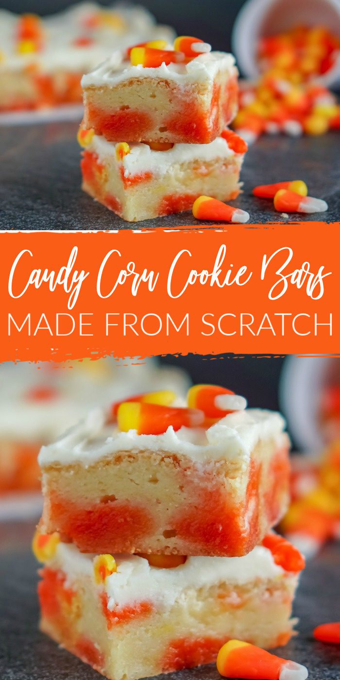 A close-up of Candy Corn Cookie Bars for Halloween.