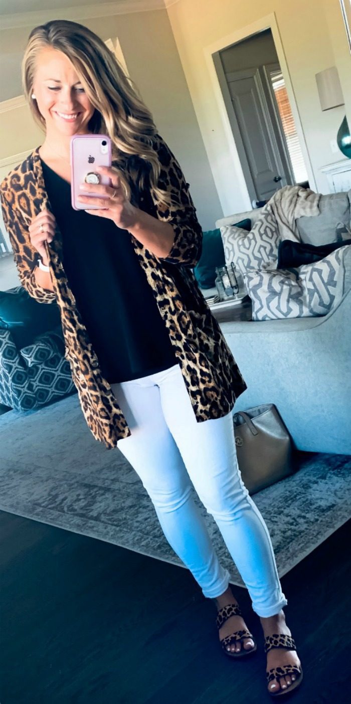 White Jeans and Leopard Print Cardigan Outfit