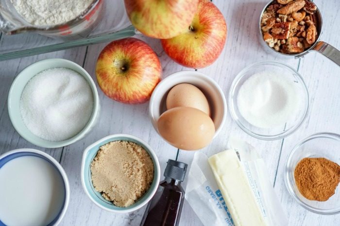 Apple Coffee Cake ingredients on a white table.