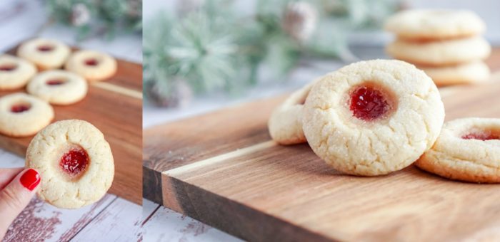 Two pictures of Christmas Thumbprint Sugar Cookies with jam on a cutting board.