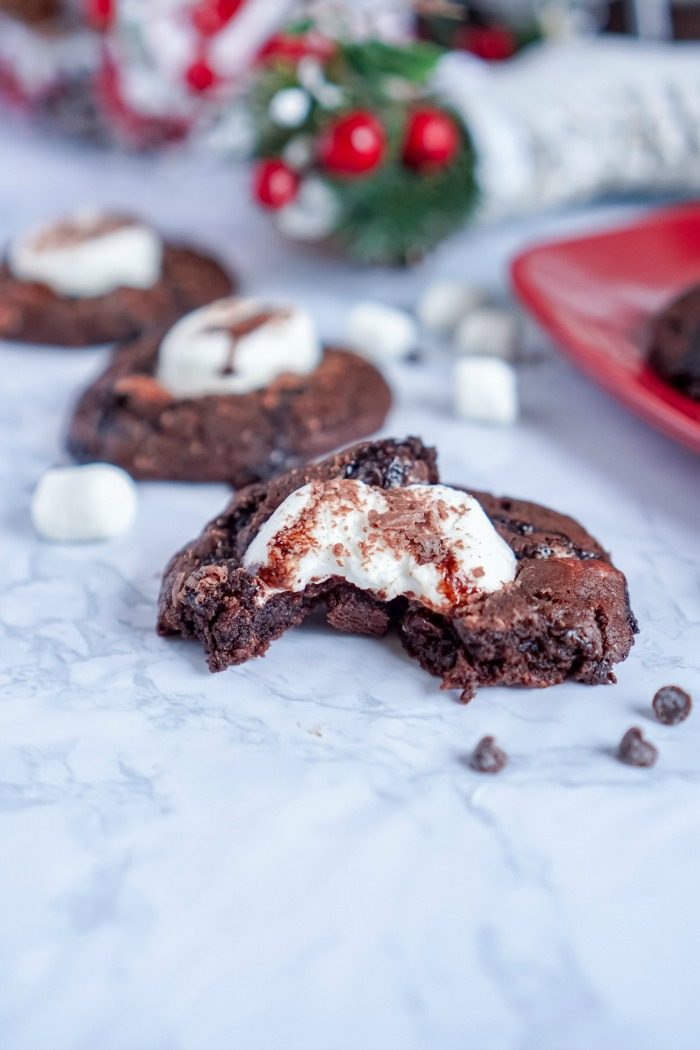 A plate of easy hot chocolate cookies with marshmallows on top.