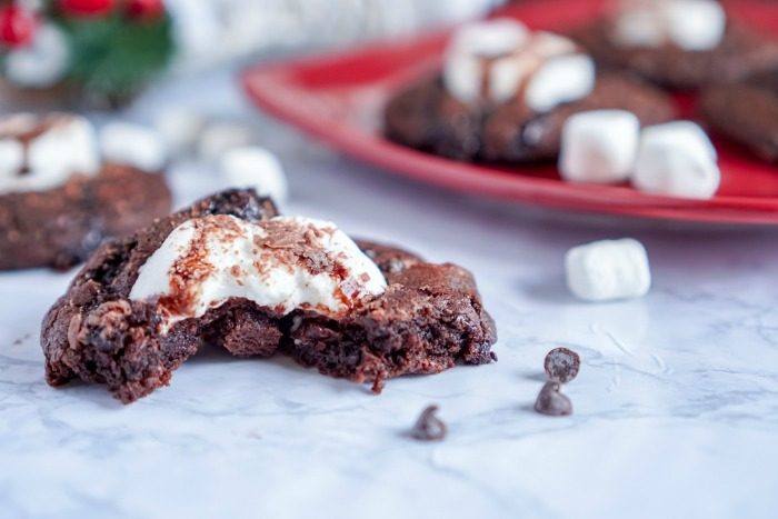 A plate of hot chocolate cookies with marshmallows and whipped cream.