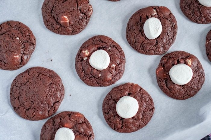 Chocolate cookies with white icing on a baking sheet, an easy recipe.