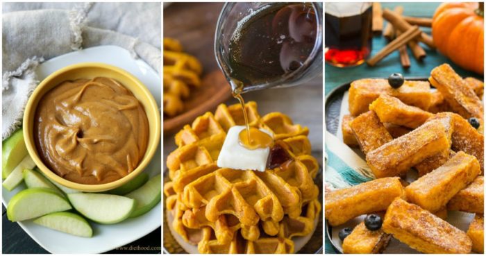 A collage of pictures highlighting 15 amazing fall pumpkin recipes, including waffles, apples, and syrup.