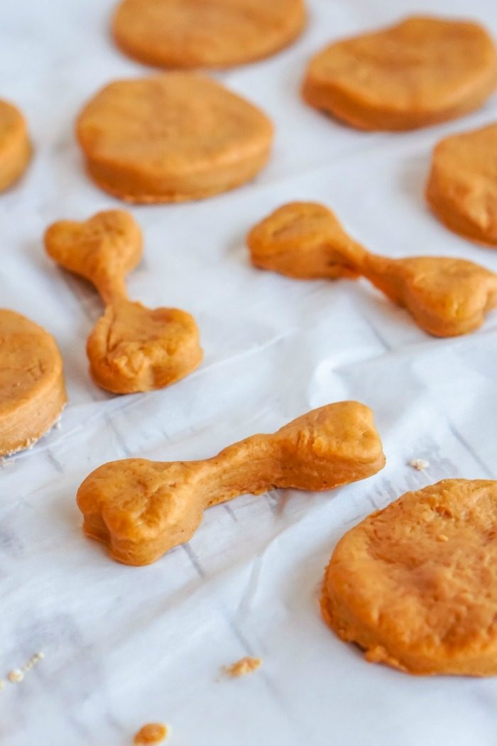 Easy homemade peanut butter dog treats on a baking sheet.