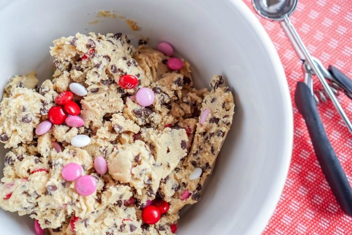 Valentine's day best M&M cookie dough in a bowl.