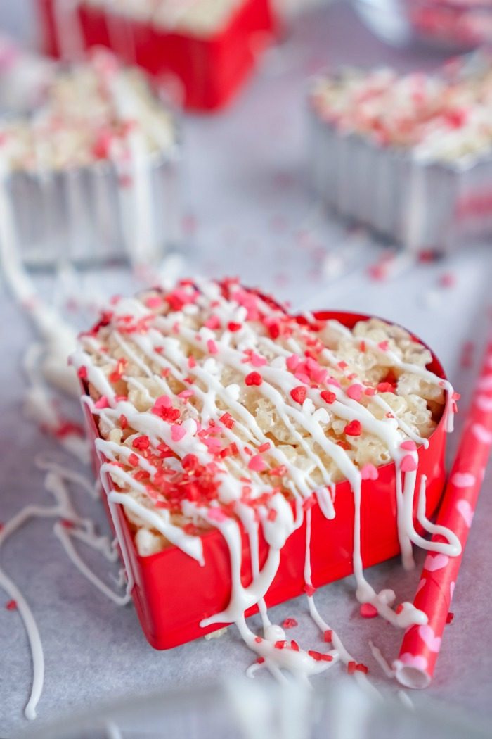 Valentine's Day heart-shaped Rice Krispie treats.