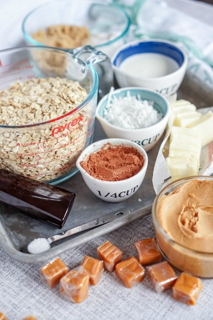 A tray with ingredients for peanut butter no bake cookies.