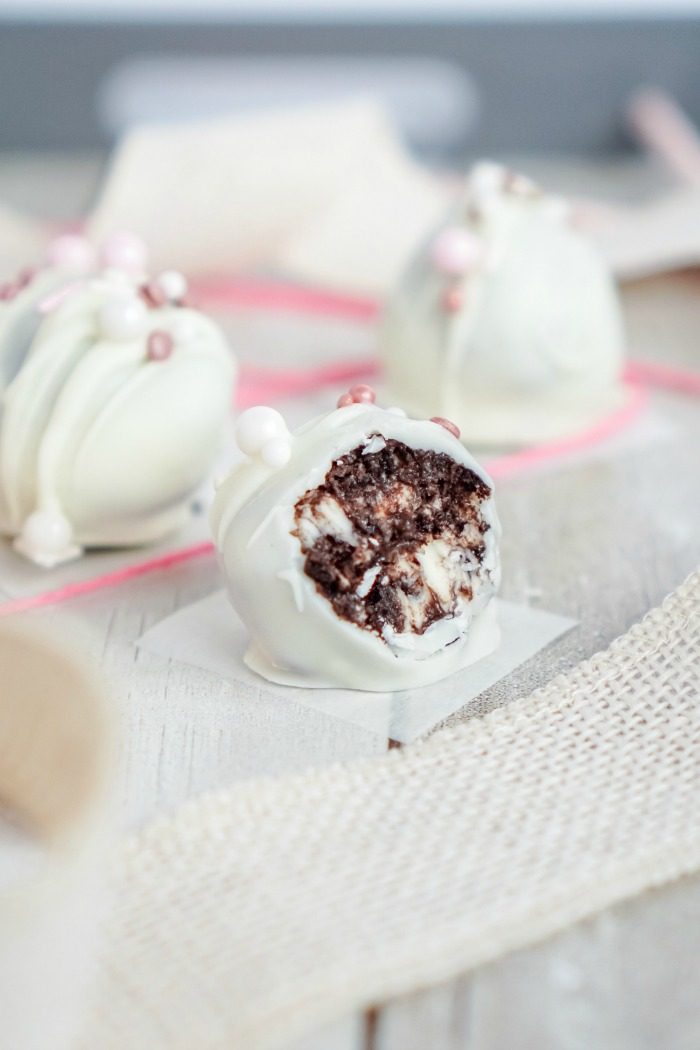 White chocolate truffles with pistachios and No Bake Oreo Cheesecake Balls.