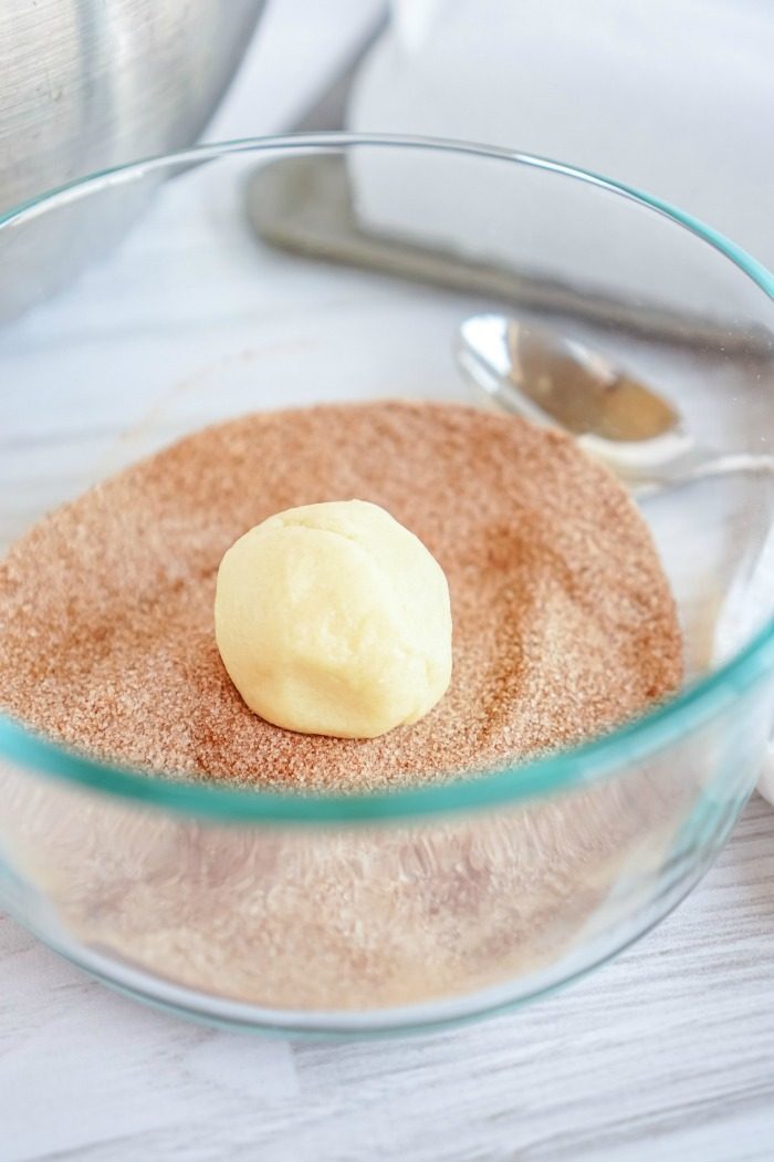 A bowl filled with flour and a spoon, ready for an easy Snickerdoodle recipe without Cream of Tartar.