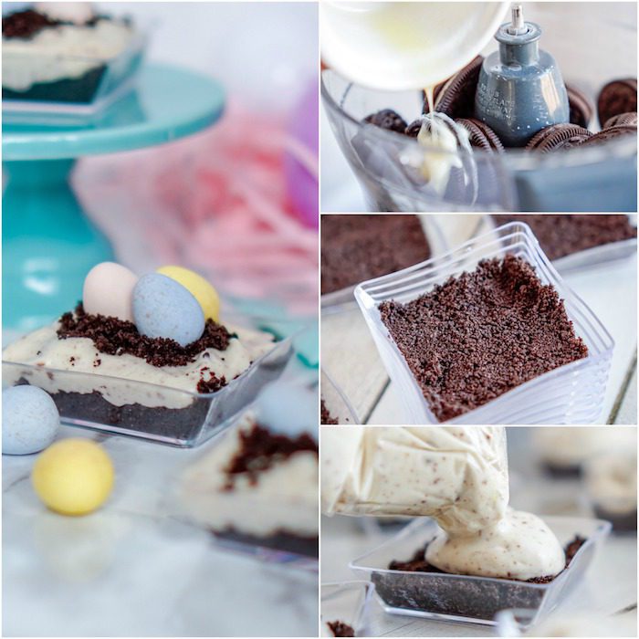 A collage of pictures showing how to make a no-bake mini cheesecake with Easter eggs.